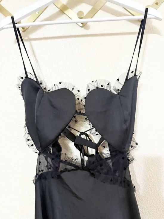 For Love & Lemons Val Heart Cup Dot Tulle Ruffle Satin Black Maxi Dress NEW - Picture 7 of 11